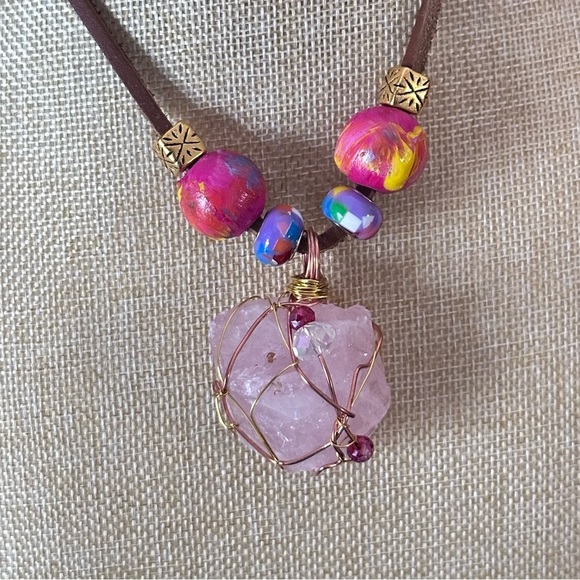 Pink Quartz Crystal Wire Wrapped Stone Pendant Necklace Handmade Leather Cord - Picture 7 of 12